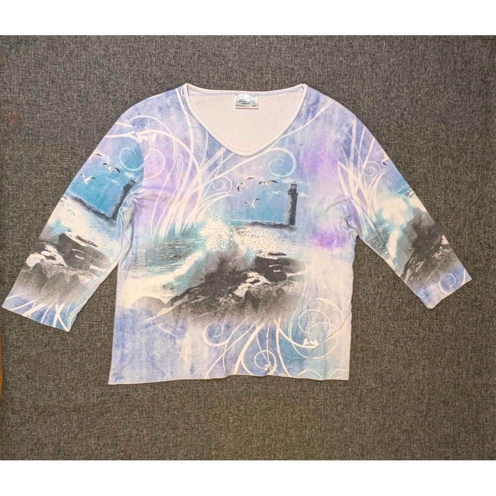Vintage Cactus Bay Ocean Jetty Lighthouse  Sparkle Print Mid Sleeve Shirt Sz XXL